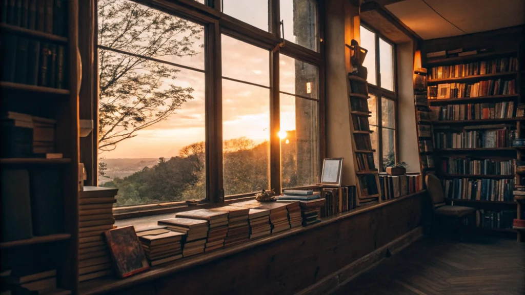 Imagem de um ambiente aconchegante em uma livraria antiga ao pôr do sol, representando paz e inspiração.
