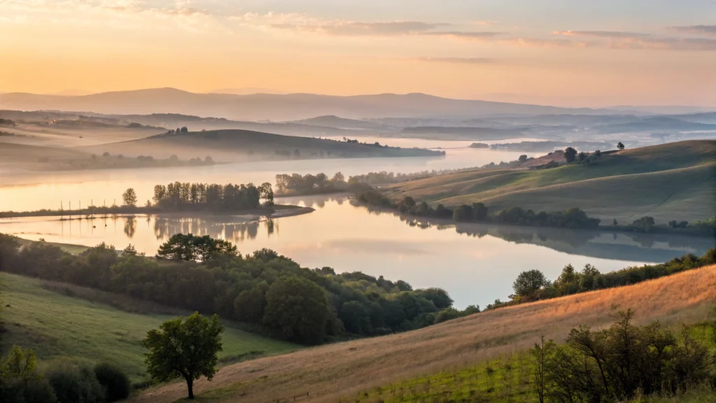 Imagem de um nascer do sol sobre uma paisagem serena, ideal para inspirar um bom dia.