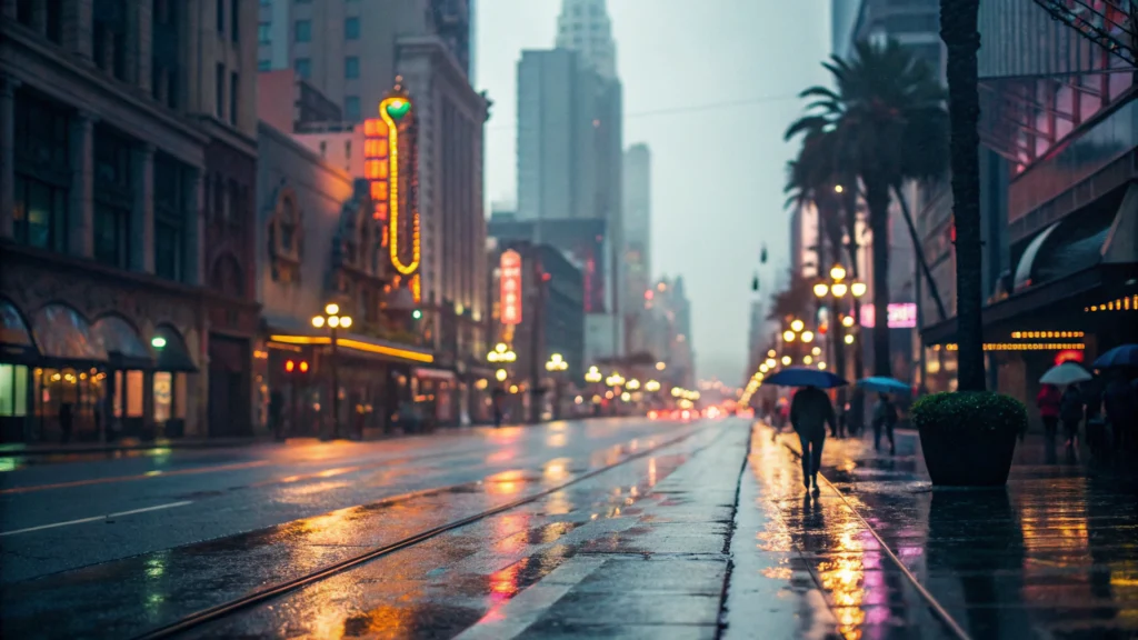 Imagem de uma rua da cidade ensolarada com prédios modernos e pessoas felizes caminhando.