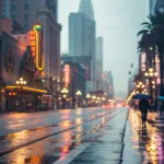 Imagem de uma rua da cidade ensolarada com prédios modernos e pessoas felizes caminhando.