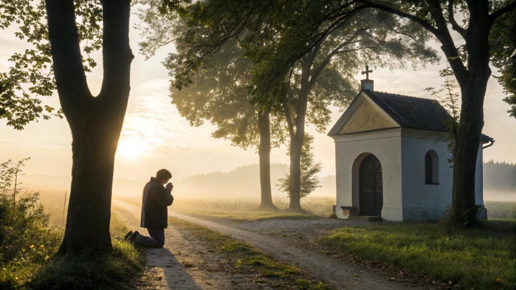 Cena serena de meditação e fé próxima a uma capela no campo ao amanhecer