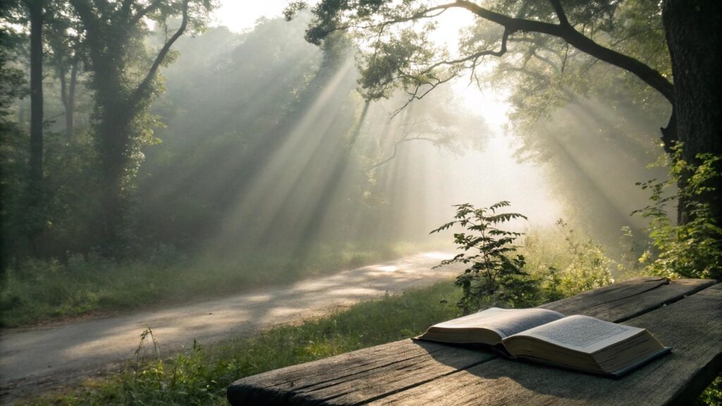 Cena serena da manhã de sábado com Bíblia aberta, luz suave e natureza ao redor