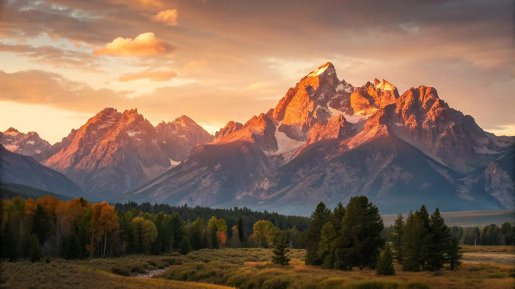 Fotografia de um nascer do sol vibrante sobre montanhas majestosas.