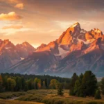 Fotografia de um nascer do sol vibrante sobre montanhas majestosas.