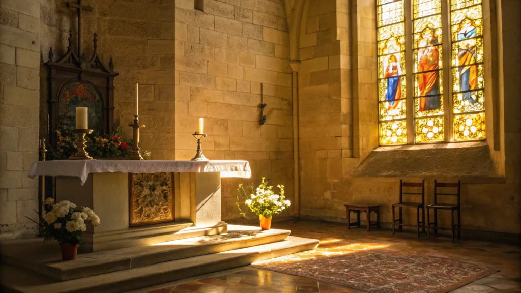 Imagem de um altar de igreja iluminado, representando a paz e a espiritualidade.