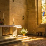Imagem de um altar de igreja iluminado, representando a paz e a espiritualidade.