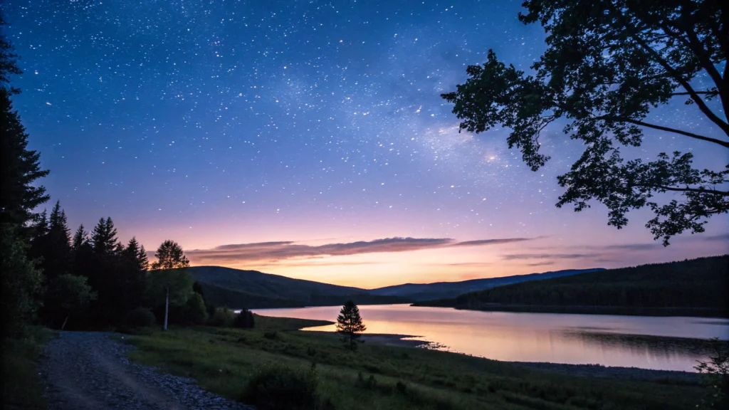 Céu noturno estrelado com paisagem serena de montanhas e rio, simbolizando paz e renovação para a segunda-feira, 07 de julho de 2025.