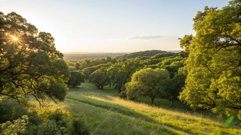 Paisagem natural com luz dourada da tarde, simbolizando otimismo e esperança para a semana.