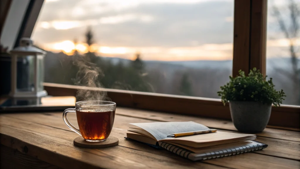 Imagem de um mug de chá quente em uma mesa de madeira, simbolizando tranquilidade e uma boa tarde relaxante para 07/07/2025.