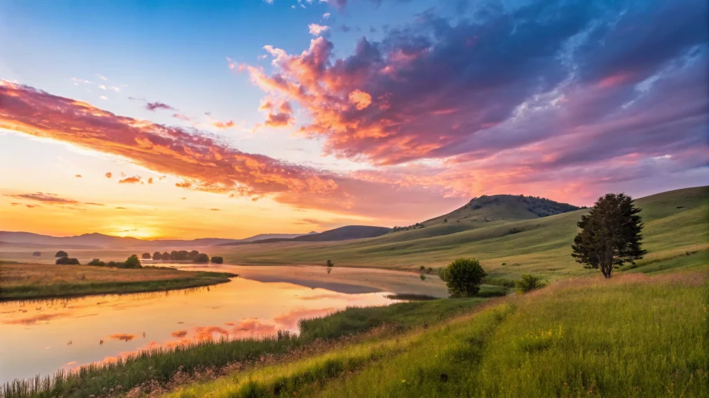 Imagem de um lindo amanhecer com cores vibrantes, representando a esperança e a nova chance de um dia abençoado.