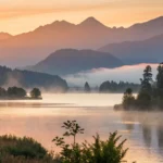Imagem de um lago tranquilo ao amanhecer, com montanhas ao fundo.