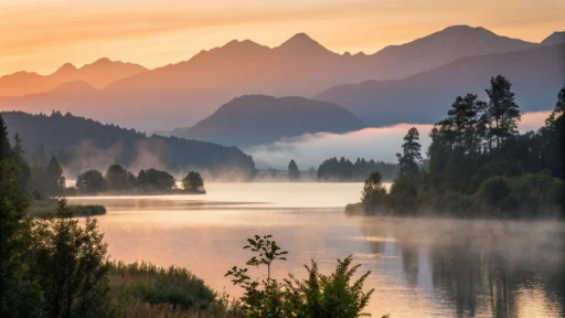 Imagem de um lago tranquilo ao amanhecer, com montanhas ao fundo.