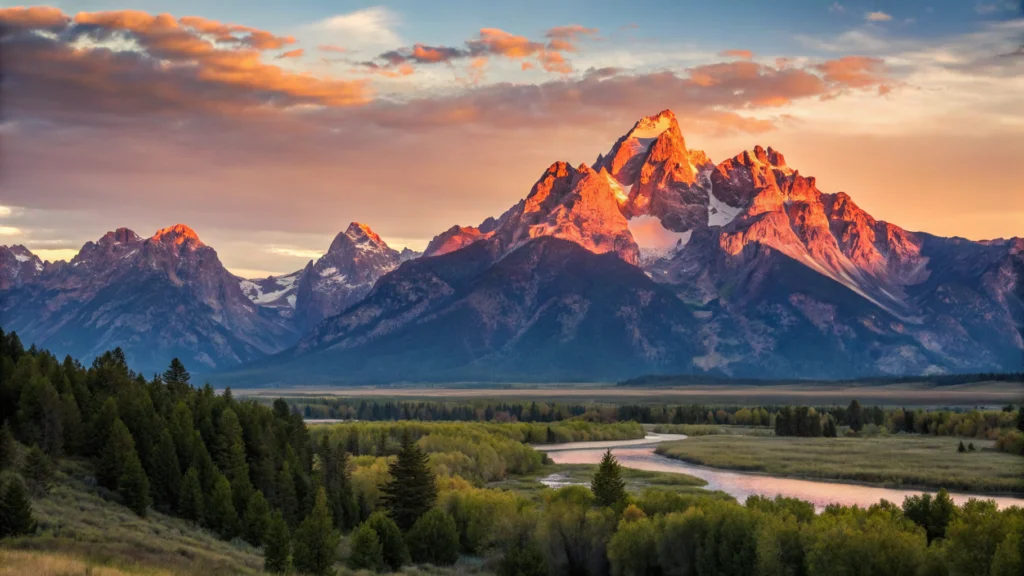 Imagem de um nascer do sol vibrante sobre montanhas majestosas.