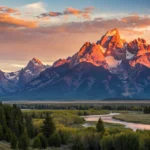 Imagem de um nascer do sol vibrante sobre montanhas majestosas.
