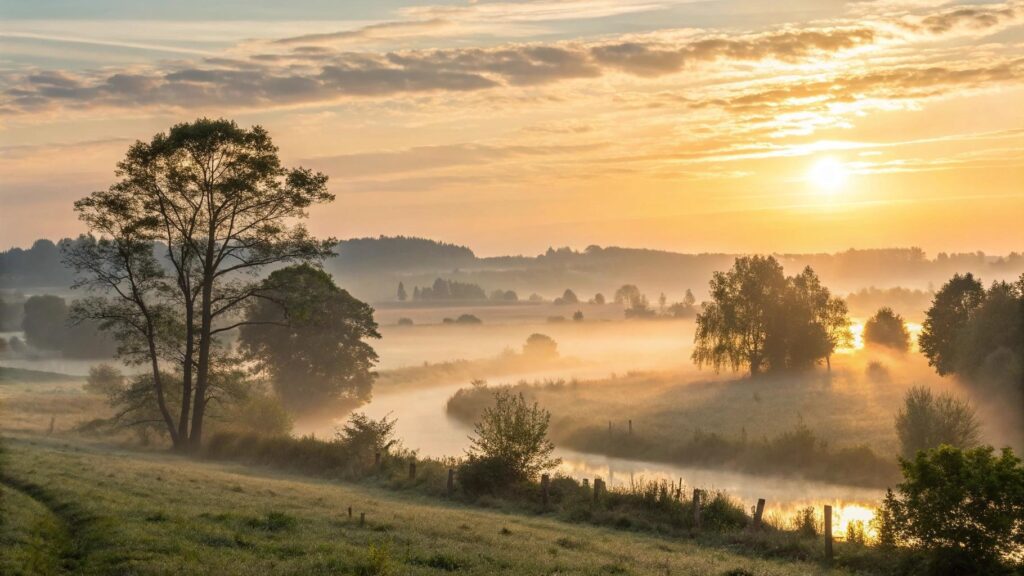 Mensagem de bom dia 1 de Agosto com paisagem serena ao amanhecer, representando fé, otimismo e boas energias