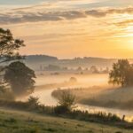 Mensagem de bom dia 1 de Agosto com paisagem serena ao amanhecer, representando fé, otimismo e boas energias