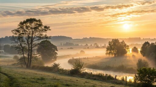 Mensagem de bom dia 1 de Agosto com paisagem serena ao amanhecer, representando fé, otimismo e boas energias
