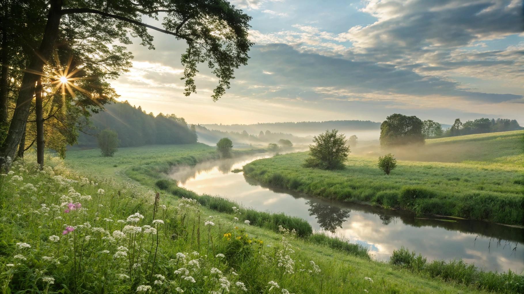 Paisagem serena de manhã com luz suave e flores, transmitindo fé e esperança para renovar a quarta-feira