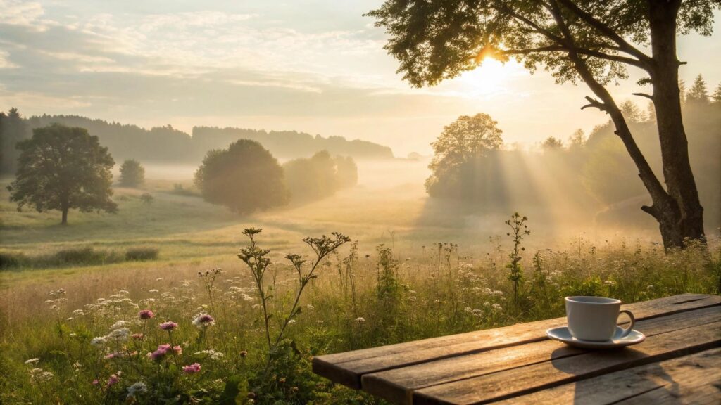 Imagem de um amanhecer tranquilo em um domingo, com luz suave, névoa leve e elementos que transmitem fé, paz e reflexão