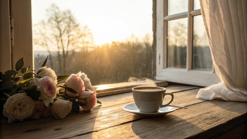 paisagem tranquila de manhã com luz do sol suave, café e flores, transmitindo carinho, fé e inspiração para o sábado 05 de julho de 2025