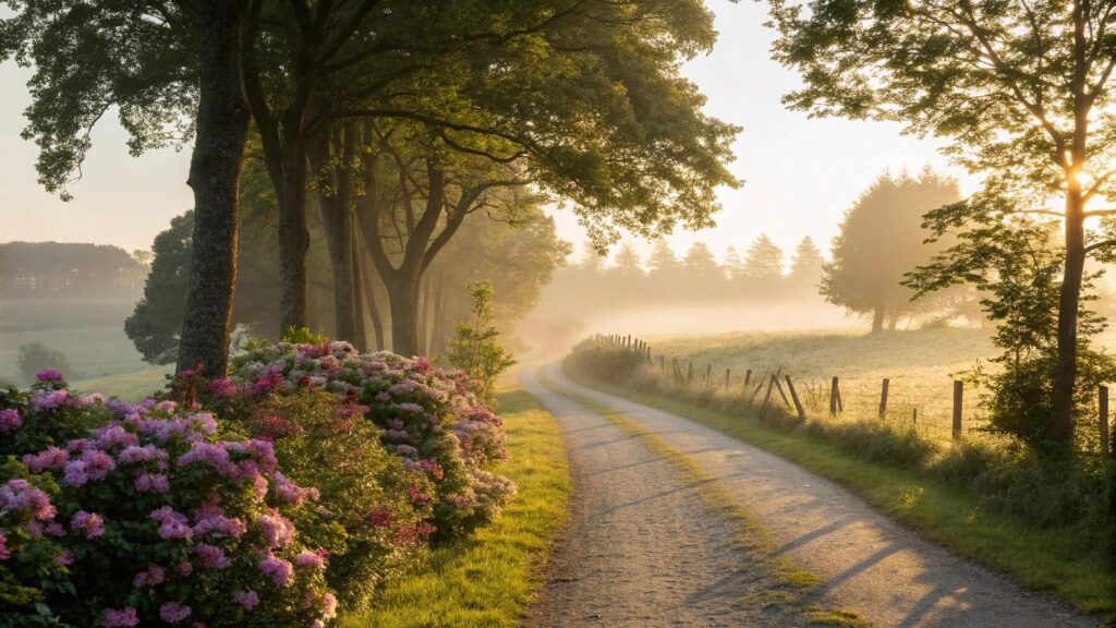 Paisagem serena de bom dia com luz suave, flores e atmosfera de fé e carinho para segunda-feira 07/07/2025