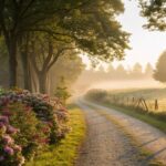 Paisagem serena de bom dia com luz suave, flores e atmosfera de fé e carinho para segunda-feira 07/07/2025