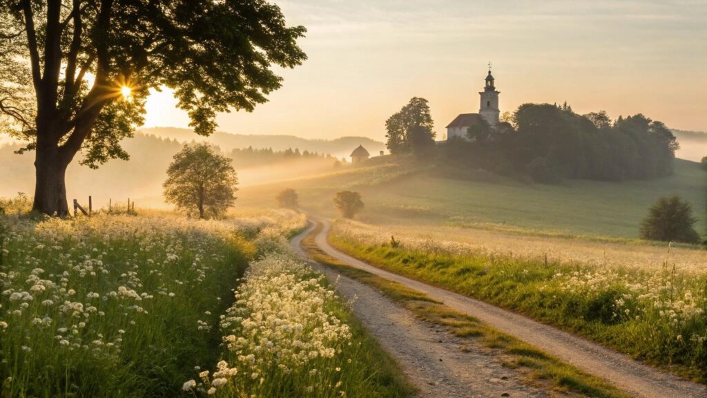 paisagem de manhã de domingo com luz suave do amanhecer e uma pequena igreja ao fundo transmitindo paz e fé