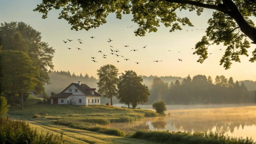 Cena tranquila de manhã com luz suave, casa simples no campo, pássaros voando e atmosfera espiritual de fé e esperança