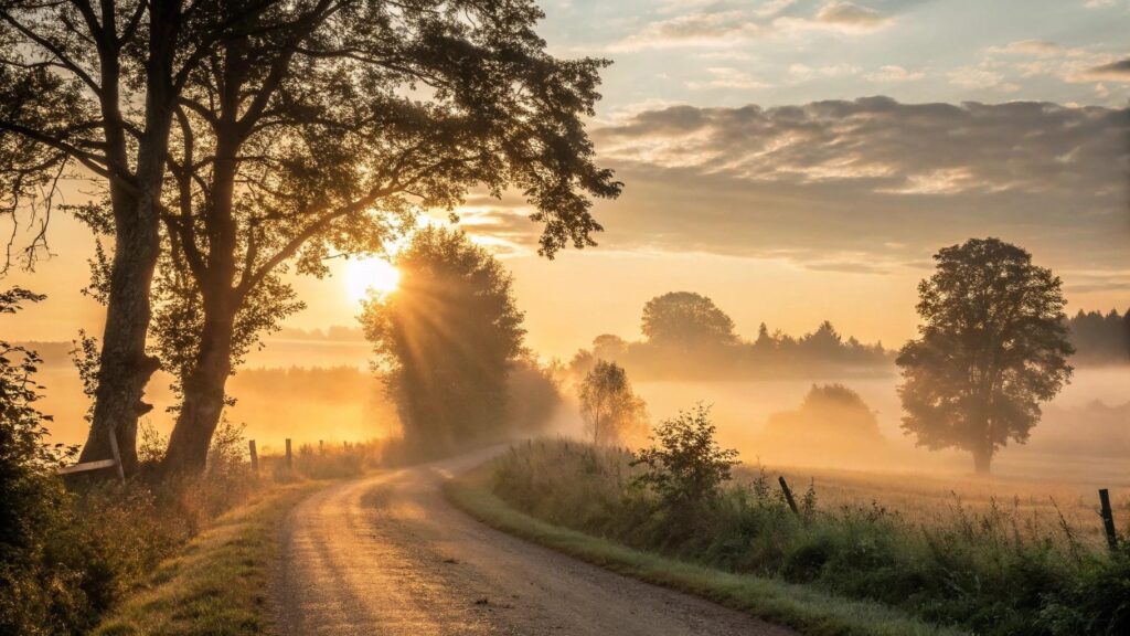 amanhecer sereno em uma estrada rural com luz dourada e presença de Deus