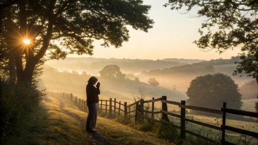 paisagem tranquila ao amanhecer com uma pessoa em oração, refletindo fé, sabedoria e inspiração da Palavra
