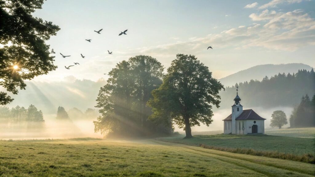 Imagem de paisagem tranquila ao amanhecer com uma capela ao fundo, simbolizando fé e inspiração