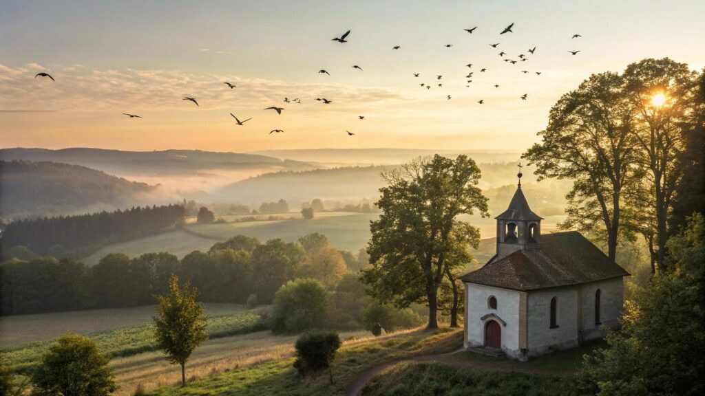Imagem de um nascer do sol tranquilo atrás de uma capela no campo com árvores ao redor, transmitindo fé e inspiração espiritual