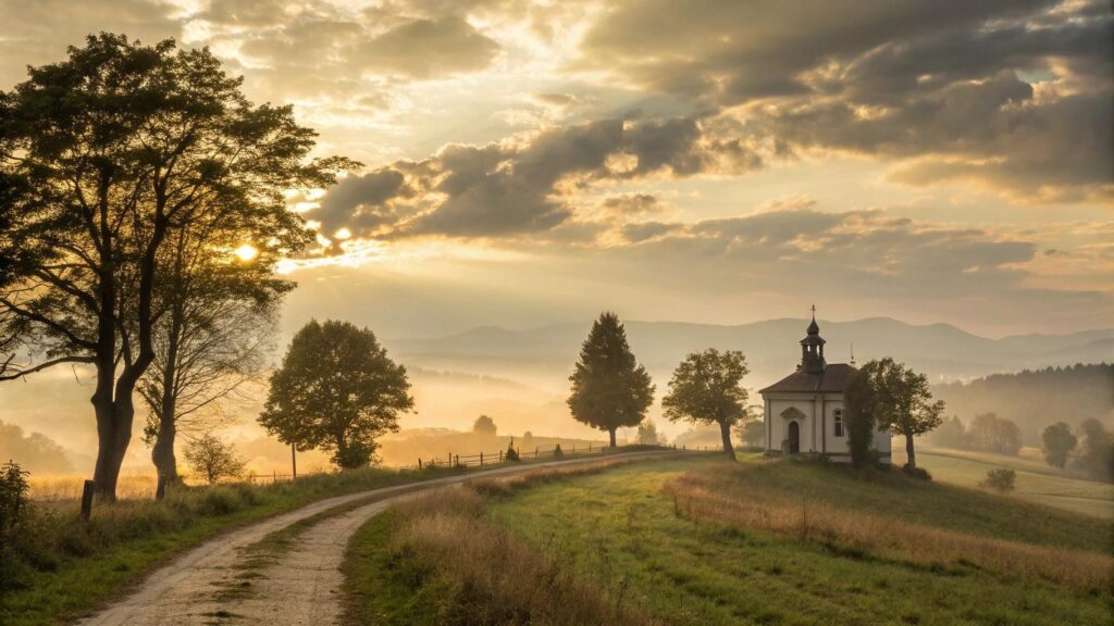 paisagem serena ao amanhecer com luz dourada e uma capela entre árvores, simbolizando fé e recomeço