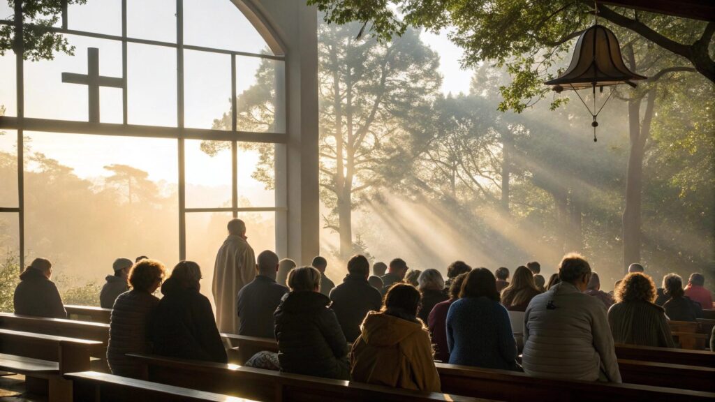Imagem de um grupo religioso reunido em oração em uma manhã de domingo com luz suave e atmosfera de fé