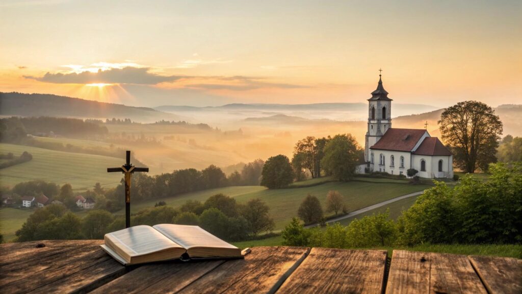 Cenário de bom dia com igreja ao nascer do sol e elementos religiosos em um ambiente tranquilo