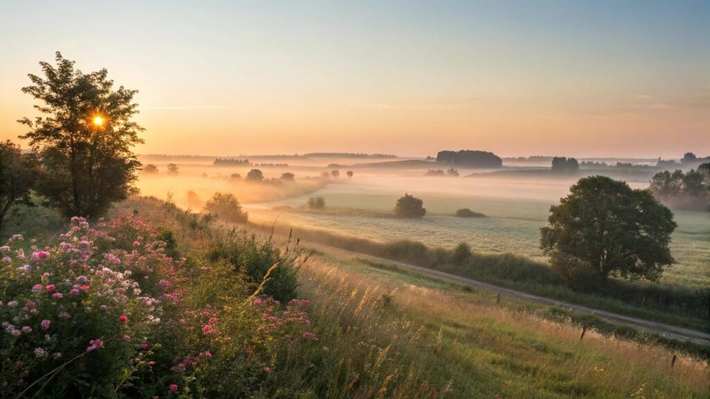 Imagem de um nascer do sol sereno no campo, com luz suave, flores desabrochando e atmosfera de esperança