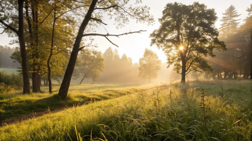 Imagem de uma manhã tranquila com luz do sol entre árvores, transmitindo fé, inspiração e energia para o sábado