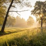 Imagem de uma manhã tranquila com luz do sol entre árvores, transmitindo fé, inspiração e energia para o sábado