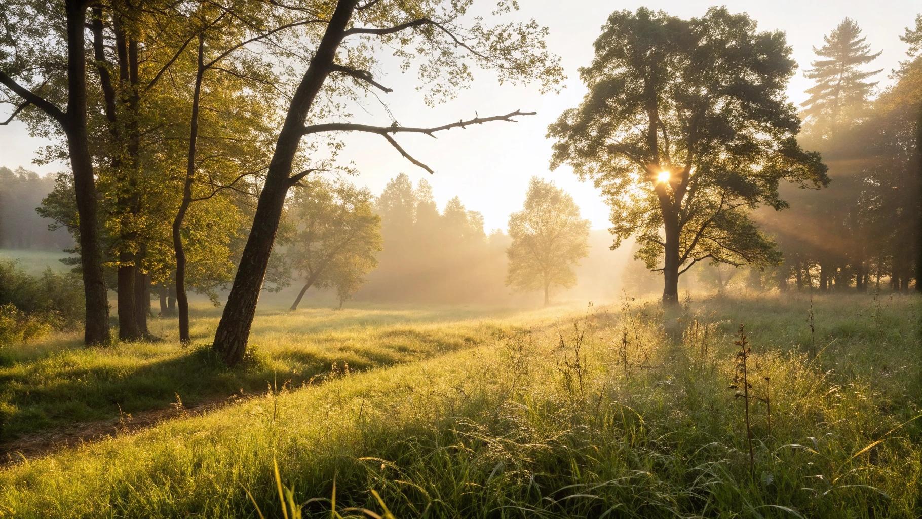 Imagem de uma manhã tranquila com luz do sol entre árvores, transmitindo fé, inspiração e energia para o sábado