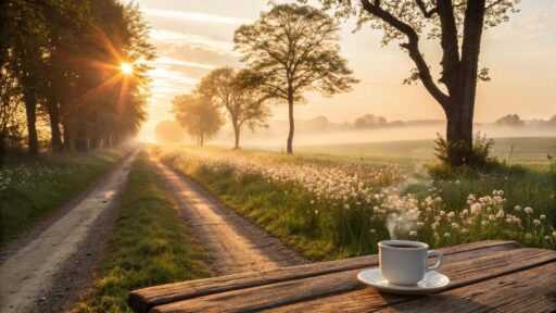cena de manhã tranquila com luz dourada e paisagem campestre serena para inspirar a sexta-feira