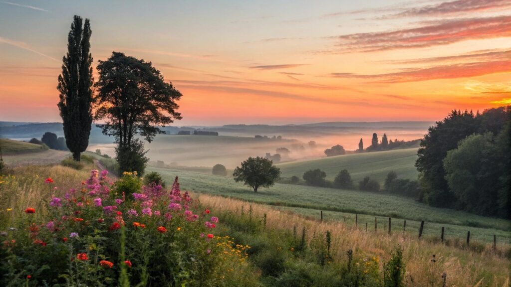 paisagem tranquila ao amanhecer com flores, árvores e luz suave para transmitir fé e otimismo