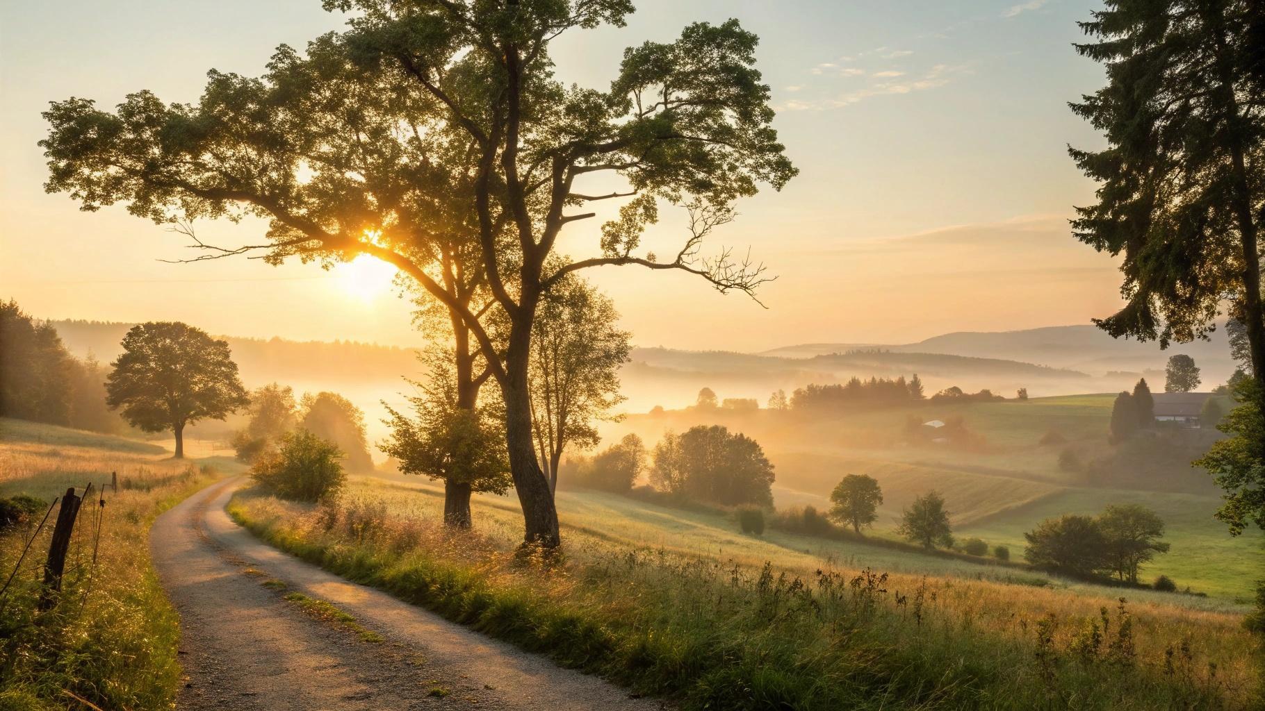 Imagem de nascer do sol em uma paisagem campestre tranquila com luz suave representando fé, ânimo e esperança para a quarta-feira