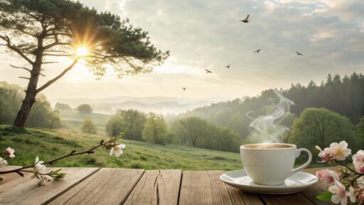 paisagem tranquila de manhã com luz do sol, café e natureza, transmitindo carinho e fé