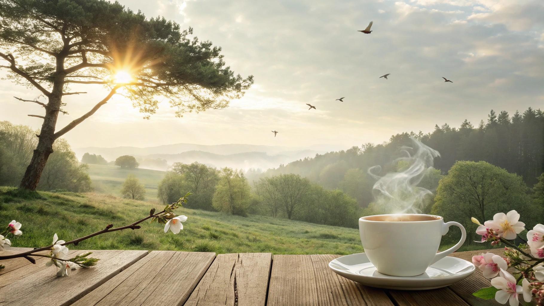paisagem tranquila de manhã com luz do sol, café e natureza, transmitindo carinho e fé