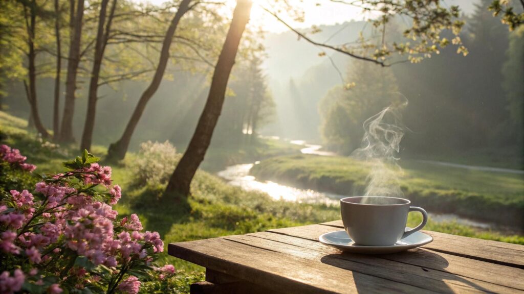 paisagem tranquila de domingo com luz suave, natureza florida e ambiente acolhedor simbolizando fé, esperança, reflexão e positividade