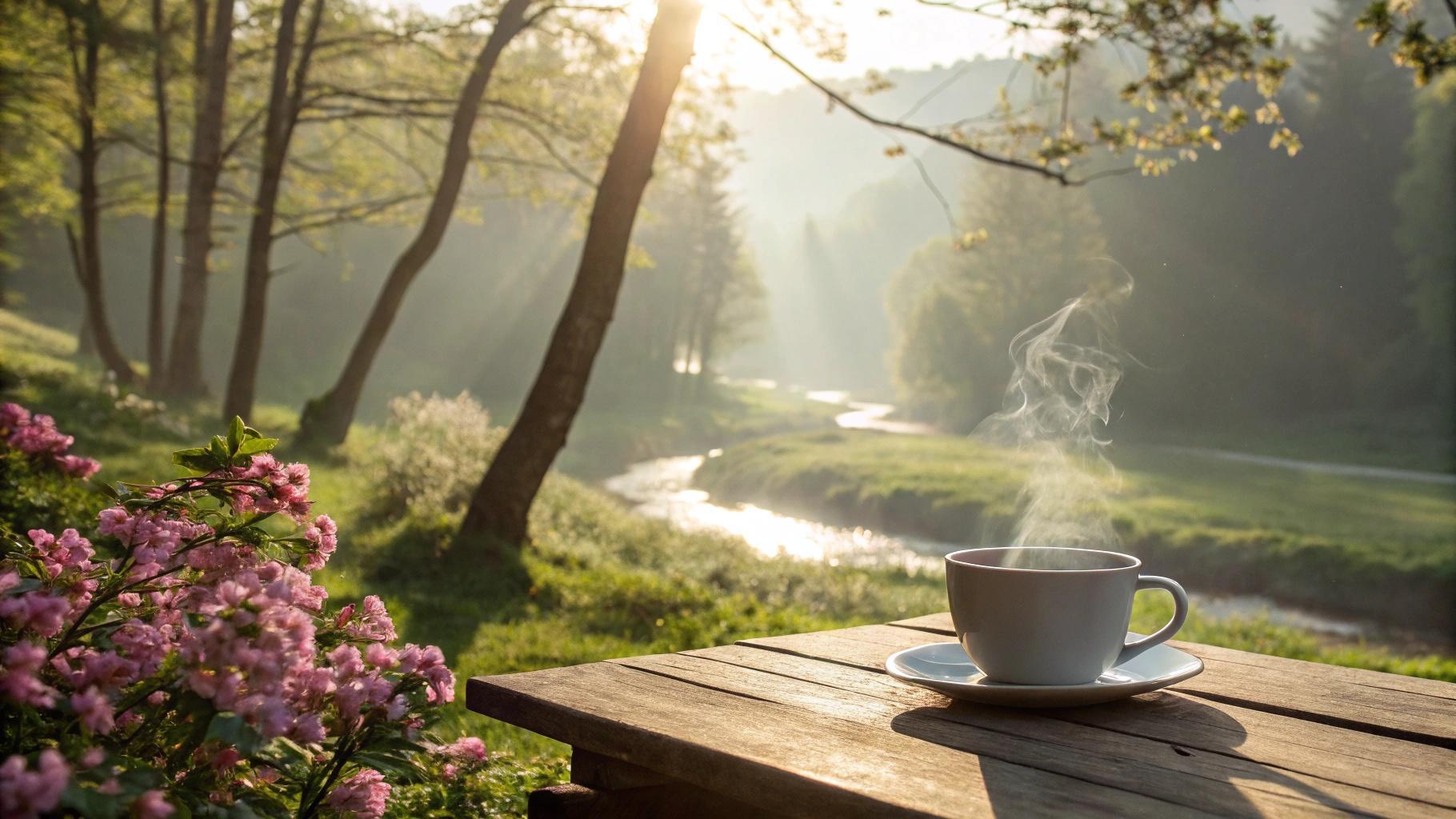 paisagem tranquila de domingo com luz suave, natureza florida e ambiente acolhedor simbolizando fé, esperança, reflexão e positividade