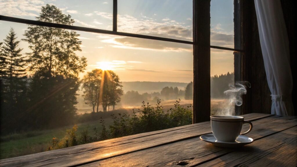 Imagem de um sábado de manhã com luz suave do sol, uma xícara de café na janela e natureza ao fundo