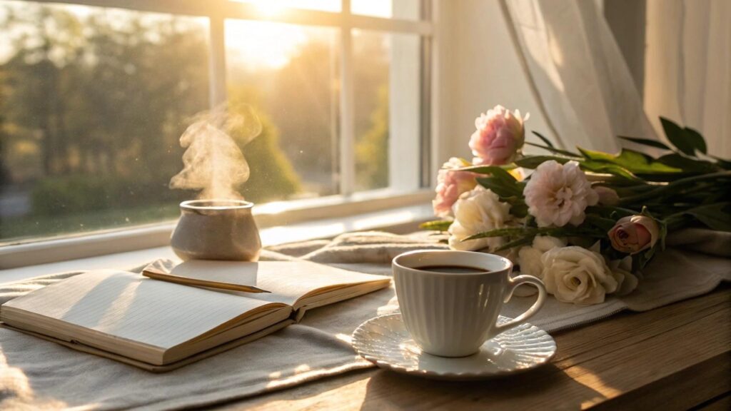 Cena tranquila de manhã com café, flores e luz do sol, representando um começo de dia inspirador