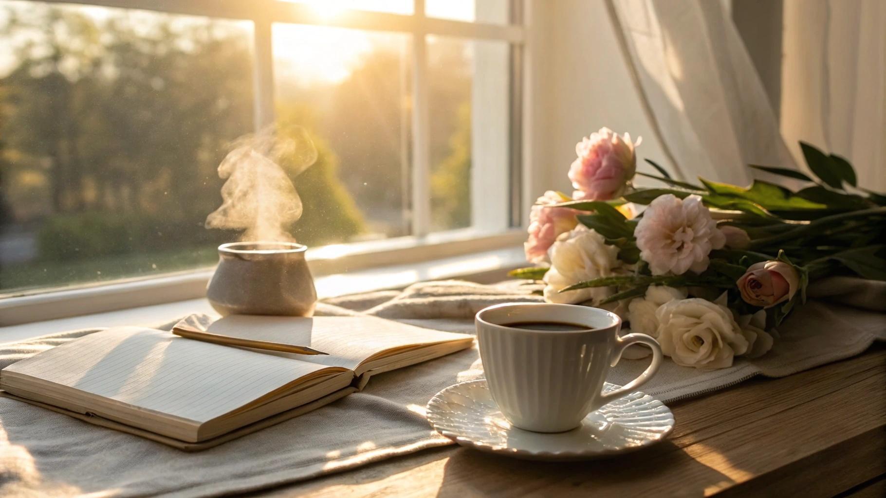Cena tranquila de manhã com café, flores e luz do sol, representando um começo de dia inspirador