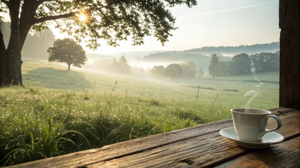 paisagem tranquila de manhã com luz suave, xícara de café e atmosfera inspiradora e otimista